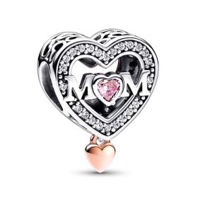 Pandora Stílusú MOM Szív Charm Rózsaszín Kövekkel