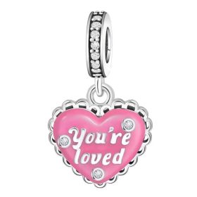   Pandora Stílusú "You're loved" Rózsaszín Szív Lógós Charm
