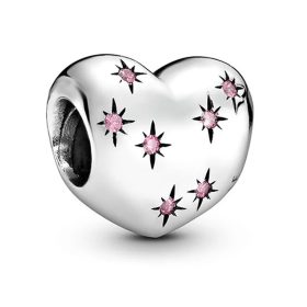   Pandora Stílusú Csillagos Szív Charm Rózsaszín Kövekkel