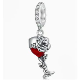   Pandora Stílusú Rózsás Borospohár Lógós Charm Piros Szívvel