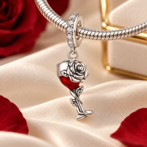 Pandora Stílusú Rózsás Borospohár Lógós Charm Piros Szívvel