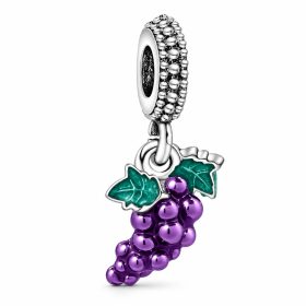 Pandora stílusú lila szőlőfürt lógós charm köves akasztóval