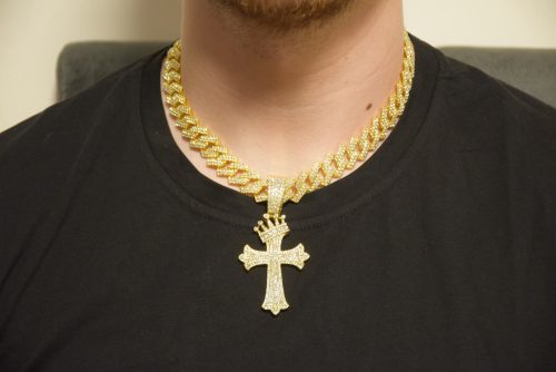 Férfi Arany Színű Kubai Láncos Köves Nyaklánc + Kereszt Medál 46CM / 15MM