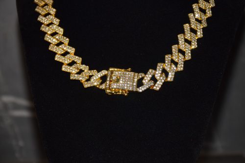 Férfi Arany Színű Kubai Láncos Köves Nyaklánc + Kereszt Medál 46CM / 15MM