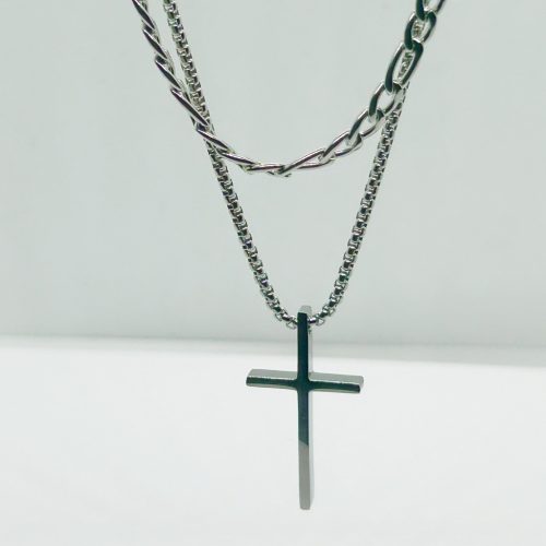 Nemesacél Ezüst színű Dupla Láncos Keresztes Férfi Nyaklánc 55-60CM